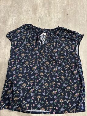 LOFT Navy Floral Short-Sleeve Peasant Blouse